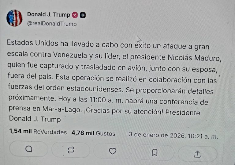 Trump asegura que ha capturado a Maduro y a su esposa y que los ha sacado de Venezuela